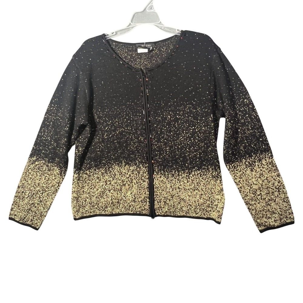 Ruby Cho Women's XL Black Gold Speckled Full Zip‎ Cardigan Sweater Beaded Accent